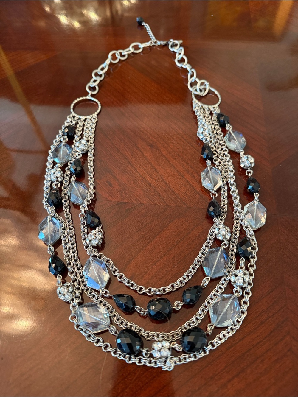 White House Black Market Silver Multi-Strand Necklace with Black and Clear Beads